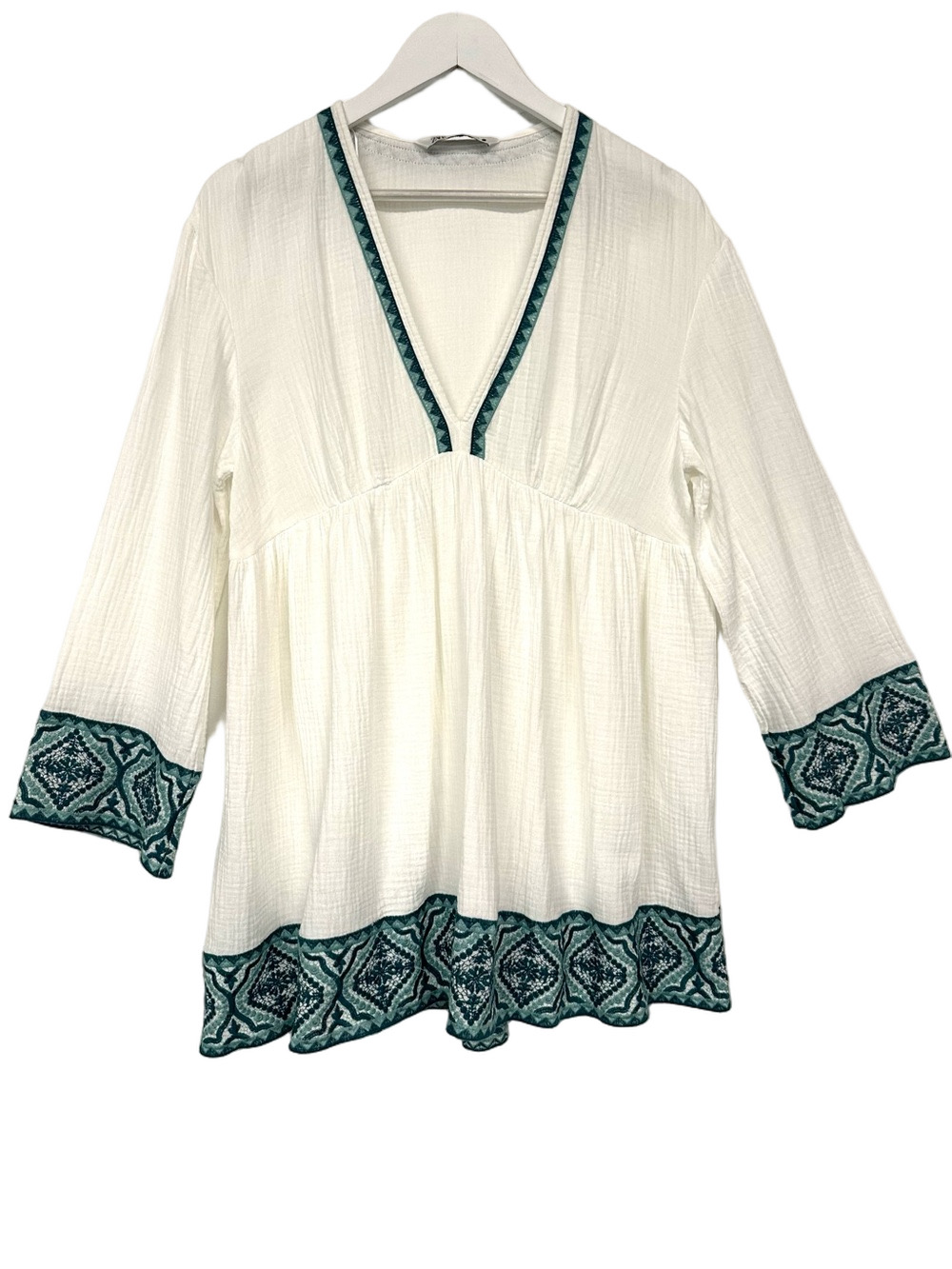 Zara White Teal Embroidered Cotton Beach Dress Boho Coastal Medium Ibiza Resort